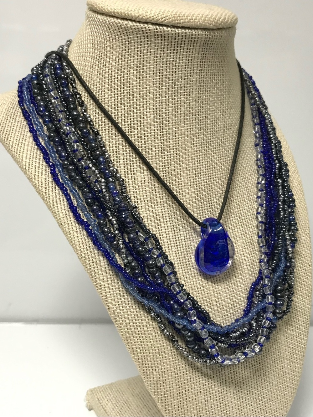 1 Multi Strand Blue Beaded Necklace & 1 Blue Glass Teardrop Pendant Necklace - Picture 2 of 7
